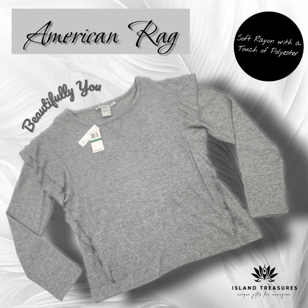 NWT American Rag Sz Large Long Sleeve Heather Gray Rayon Sweater With Ruffles